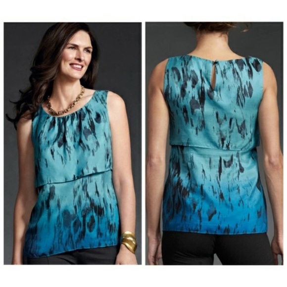 •CAbi• Tiered 100% Silk Top Teal/Black Ombre-Med - Picture 3 of 9